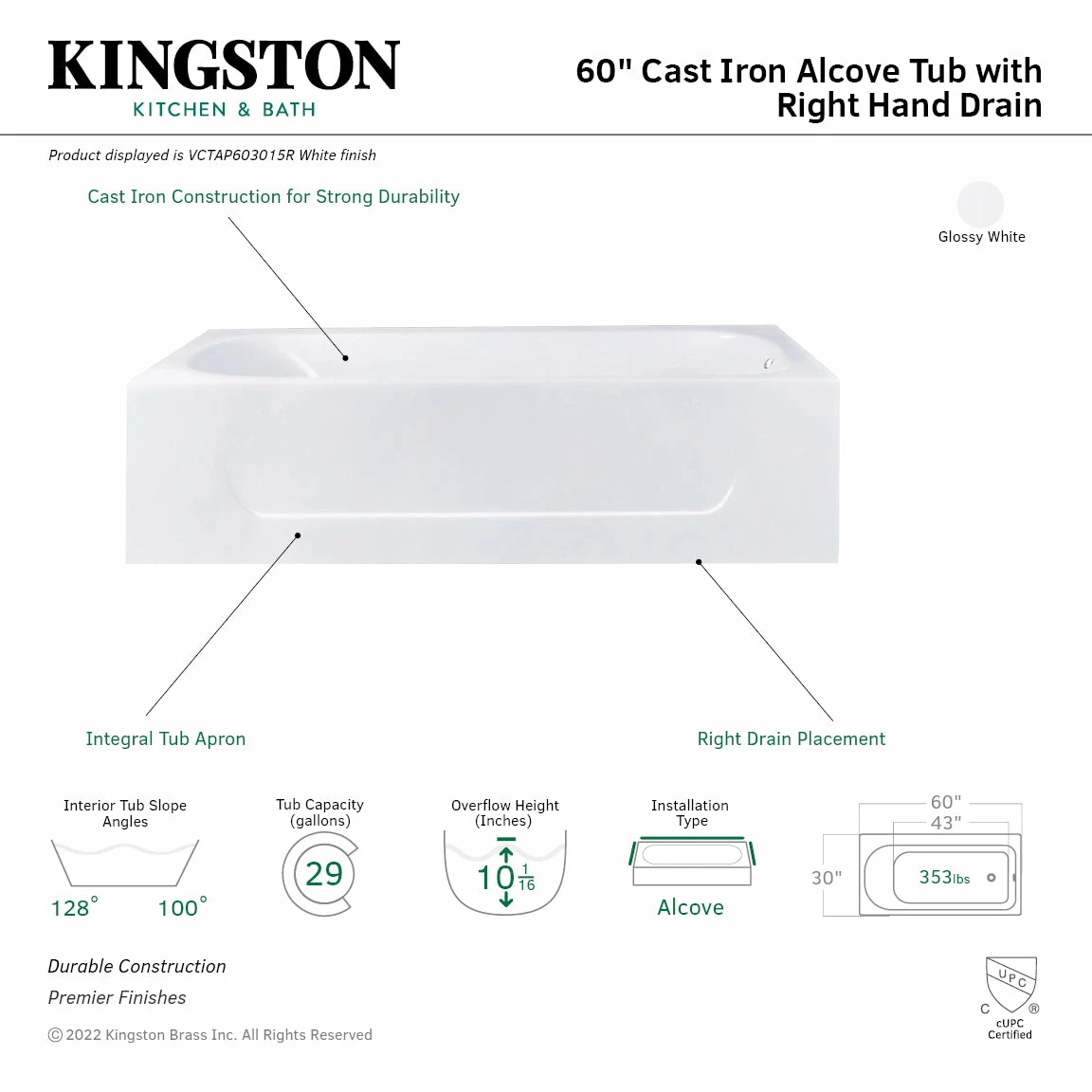 Aqua Eden VCTAP603015R 60-Inch Cast Iron Alcove Tub With Right Hand Drain Hole, White - Image 3