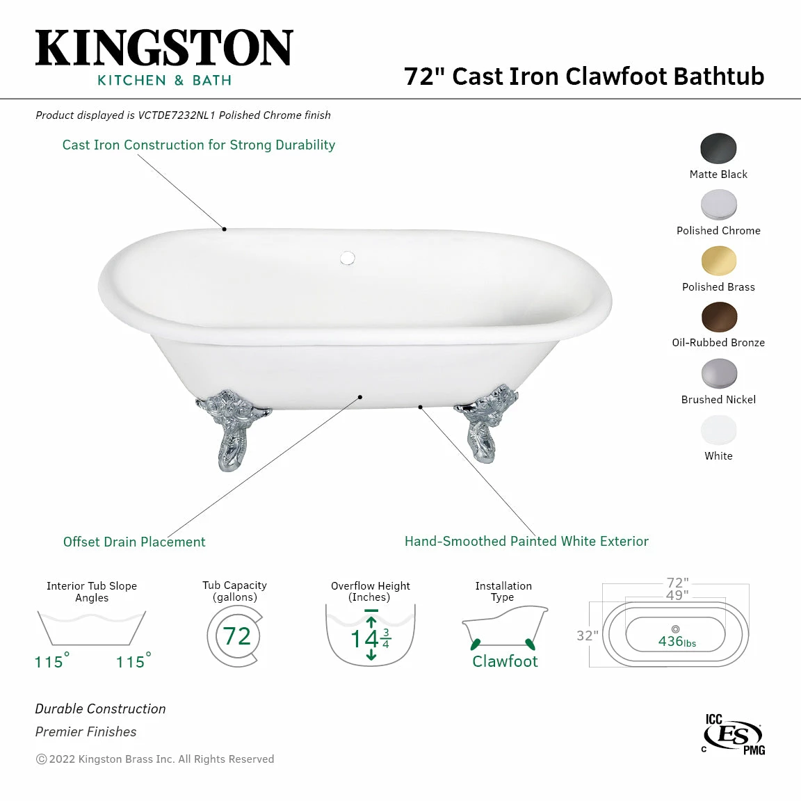 Aqua Eden VCTDE7232NL8 72-Inch Cast Iron Double Ended Clawfoot Tub (No Faucet Drillings), White/Brushed Nickel - Image 7