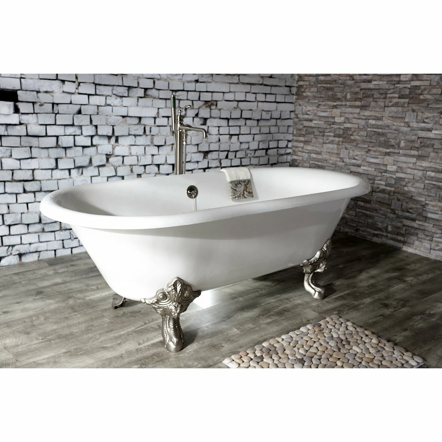 Aqua Eden VCTDE7232NL8 72-Inch Cast Iron Double Ended Clawfoot Tub (No Faucet Drillings), White/Brushed Nickel