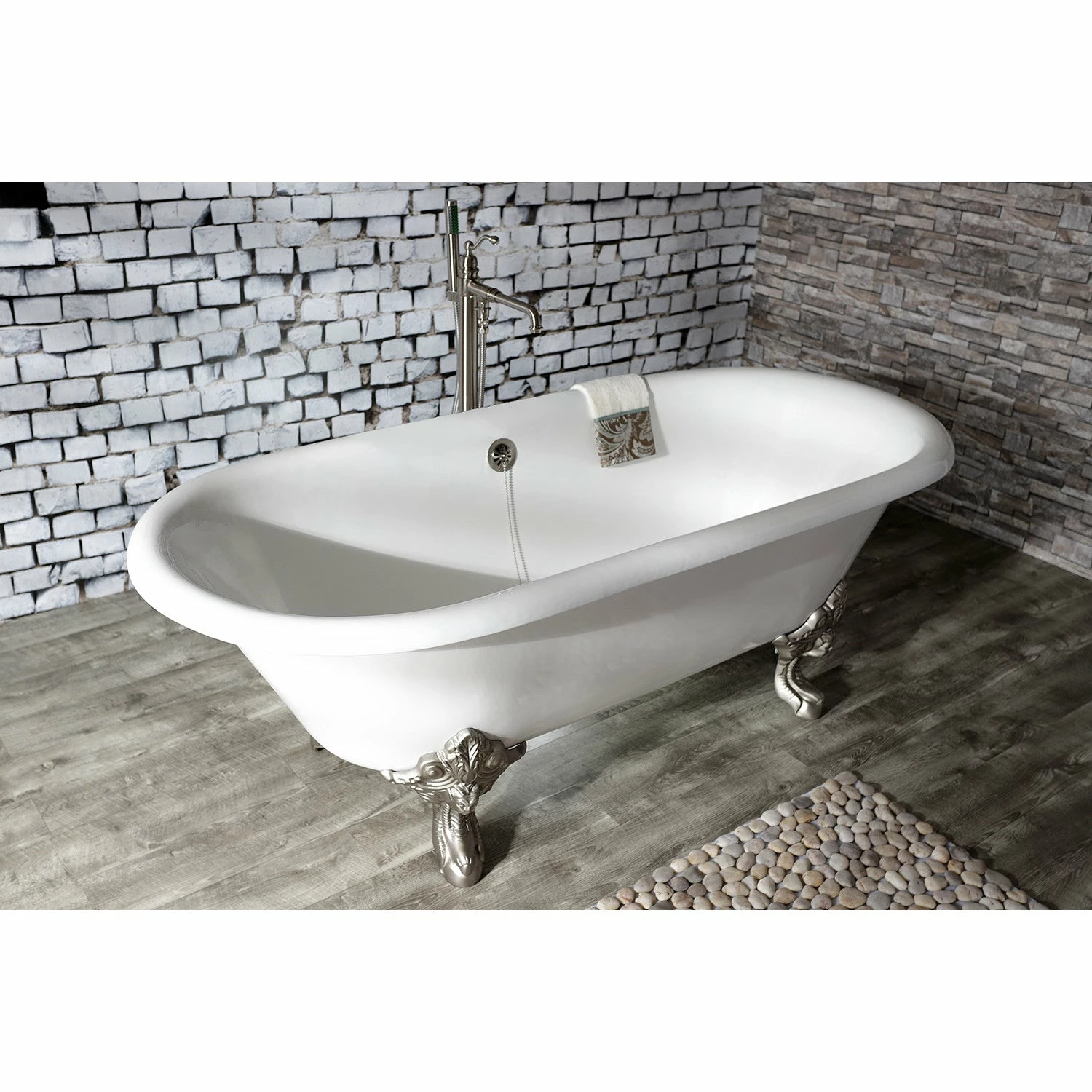 Aqua Eden VCTDE7232NL8 72-Inch Cast Iron Double Ended Clawfoot Tub (No Faucet Drillings), White/Brushed Nickel - Image 2