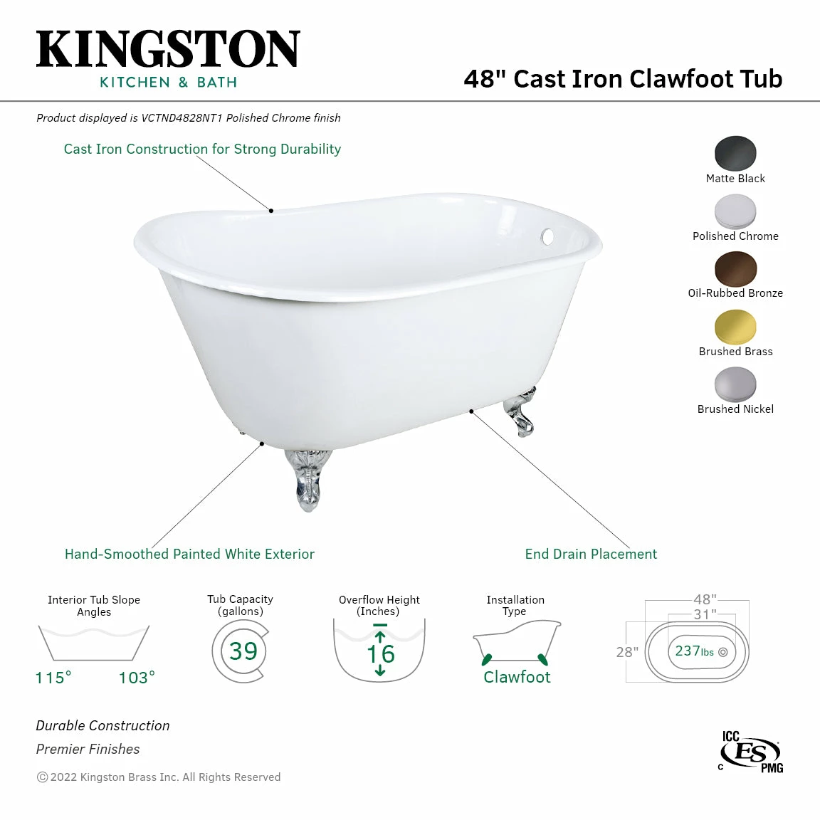 Onamia VCTND4828NT8 48-Inch Cast Iron Single Slipper Clawfoot Tub (No Faucet Drillings), White/Brushed Nickel - Image 4