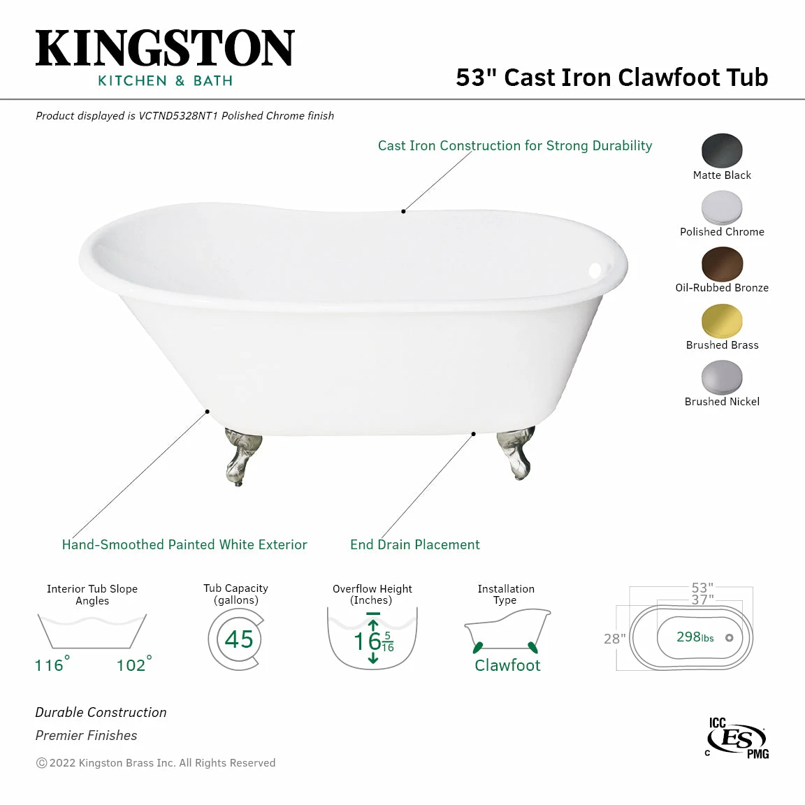 Aqua Eden VCTND5328NT7 53-Inch Cast Iron Single Slipper Clawfoot Tub (No Faucet Drillings), White/Brushed Brass - Image 3