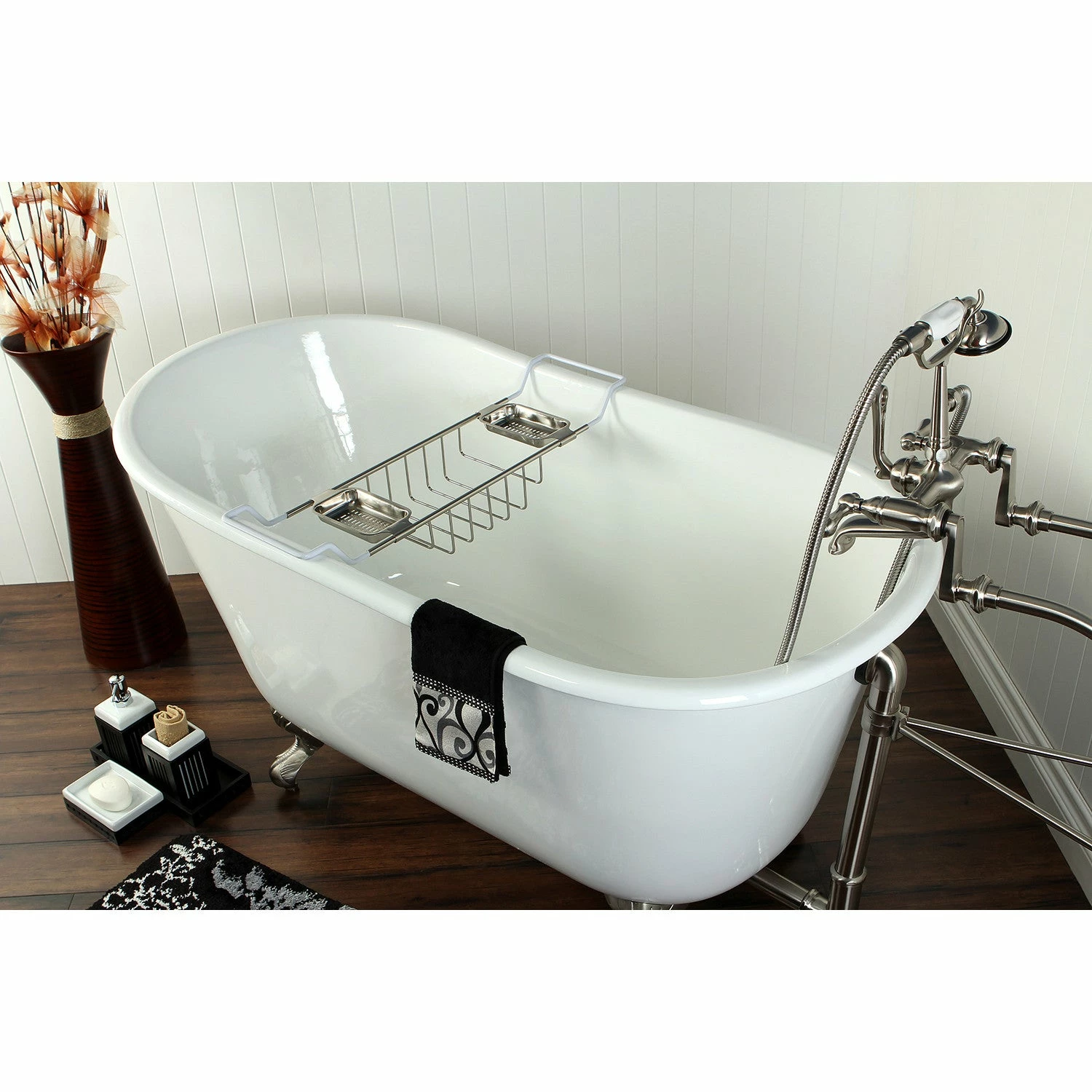 Aqua Eden VCTND5328NT8 53-Inch Cast Iron Single Slipper Clawfoot Tub (No Faucet Drillings), White/Brushed Nickel - Image 2