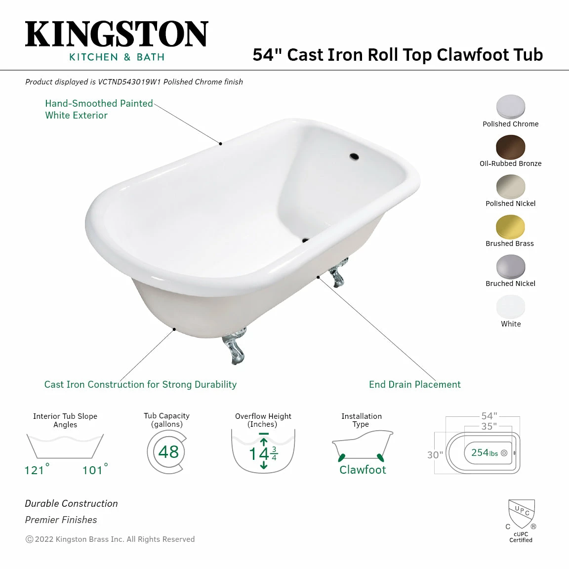 Aqua Eden VCTND543019W5 54-Inch Cast Iron Roll Top Clawfoot Tub (No Faucet Drillings), White/Oil Rubbed Bronze - Image 3
