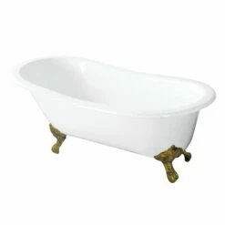 Tazatina VCTND5431B2 54-Inch Cast Iron Single Slipper Clawfoot Tub (No Faucet Drillings), White/Polished Brass