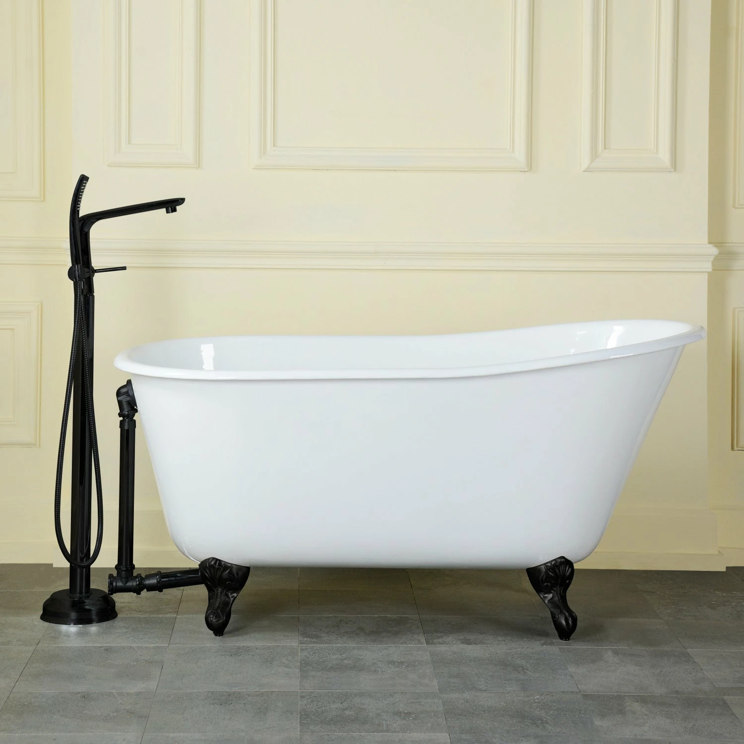 Onamia VCTND5728NT0 57-Inch Cast Iron Single Slipper Clawfoot Tub (No Faucet Drillings), White/Matte Black