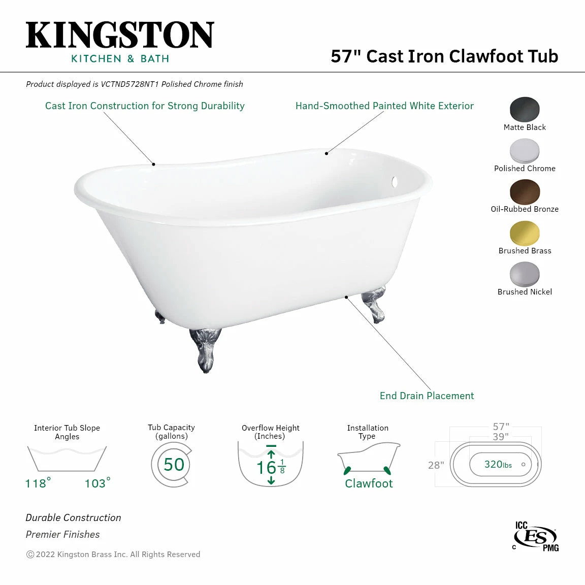 Onamia VCTND5728NT8 57-Inch Cast Iron Single Slipper Clawfoot Tub (No Faucet Drillings), White/Brushed Nickel - Image 3