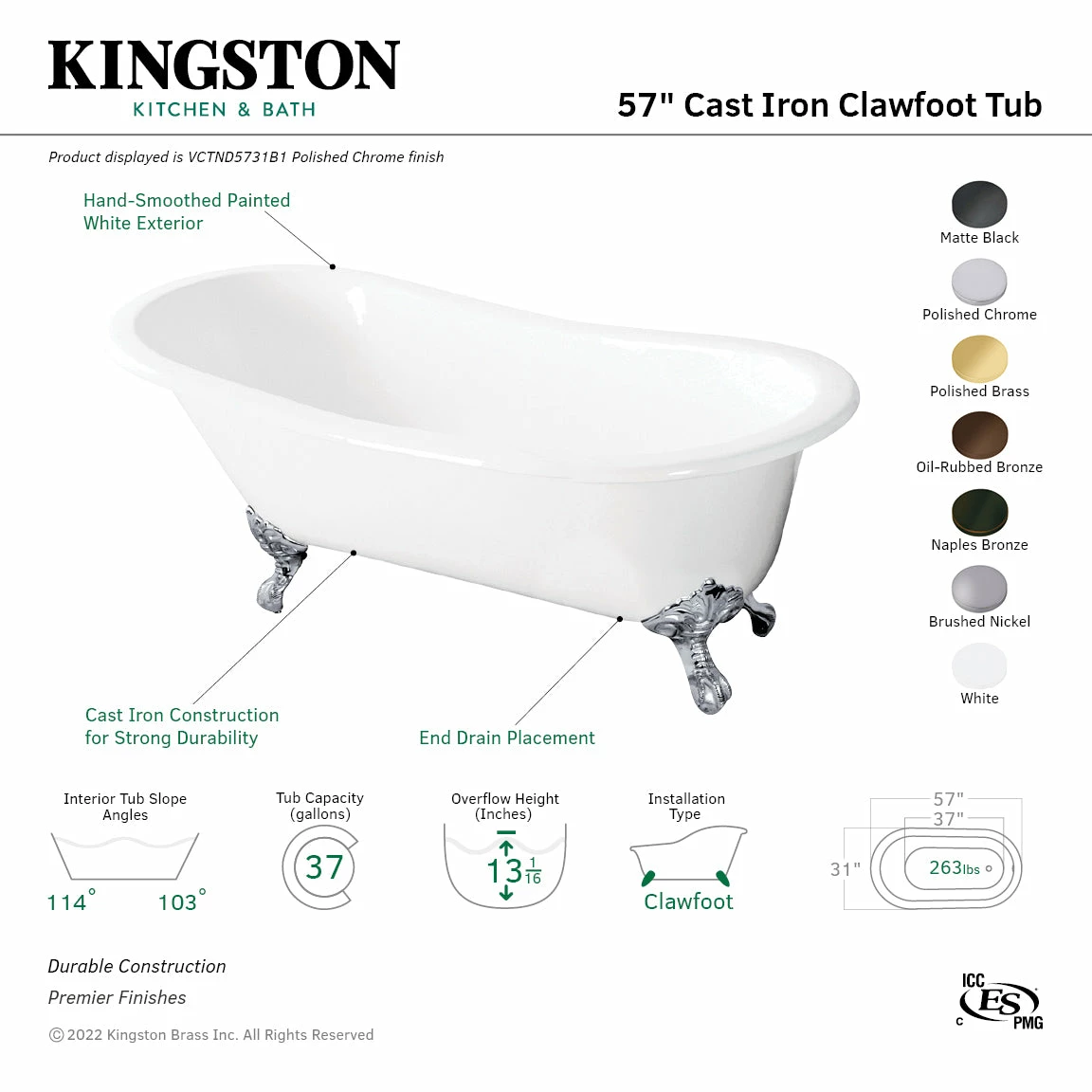 Aqua Eden VCTND5731B0 57-Inch Cast Iron Single Slipper Clawfoot Tub (No Faucet Drillings), White/Matte Black - Image 4