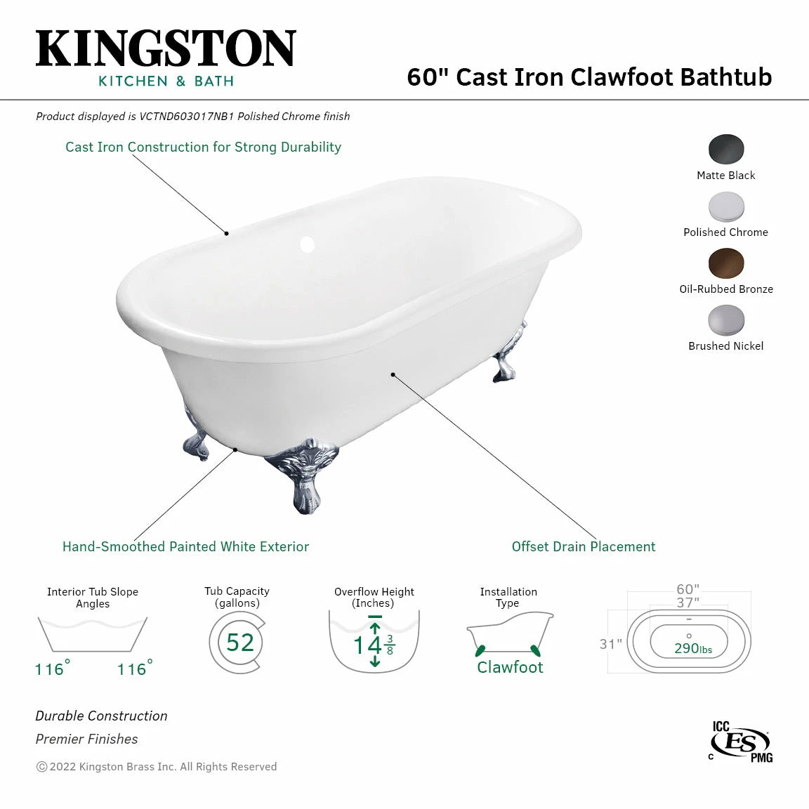 Aqua Eden VCTND603017NB5 60-Inch Cast Iron Double Ended Clawfoot Tub (No Faucet Drillings), White/Oil Rubbed Bronze - Image 3