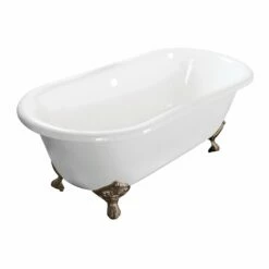 Aqua Eden VCTND603017NB8 60-Inch Cast Iron Double Ended Clawfoot Tub (No Faucet Drillings), White/Brushed Nickel