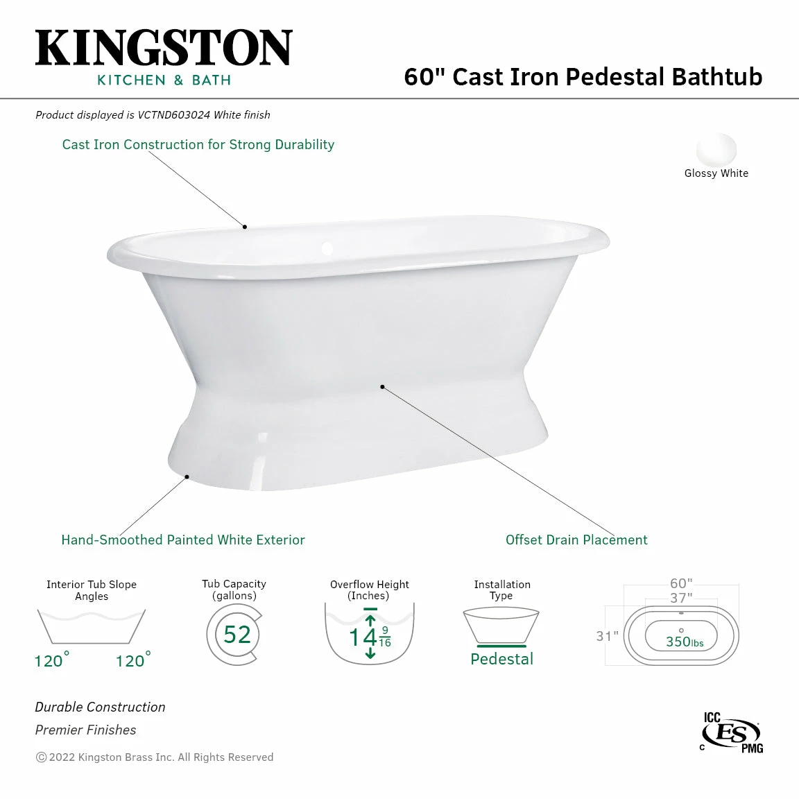 Aqua Eden VCTND603024 60-Inch Cast Iron Double Ended Pedestal Tub (No Faucet Drillings), White - Image 9