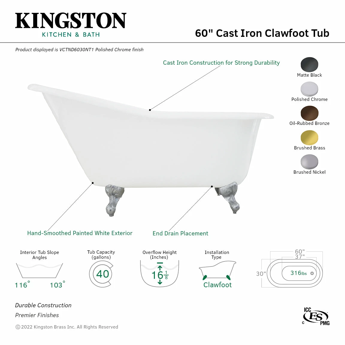 Aqua Eden VCTND6030NT0 60-Inch Cast Iron Single Slipper Clawfoot Tub (No Faucet Drillings), White/Matte Black - Image 3