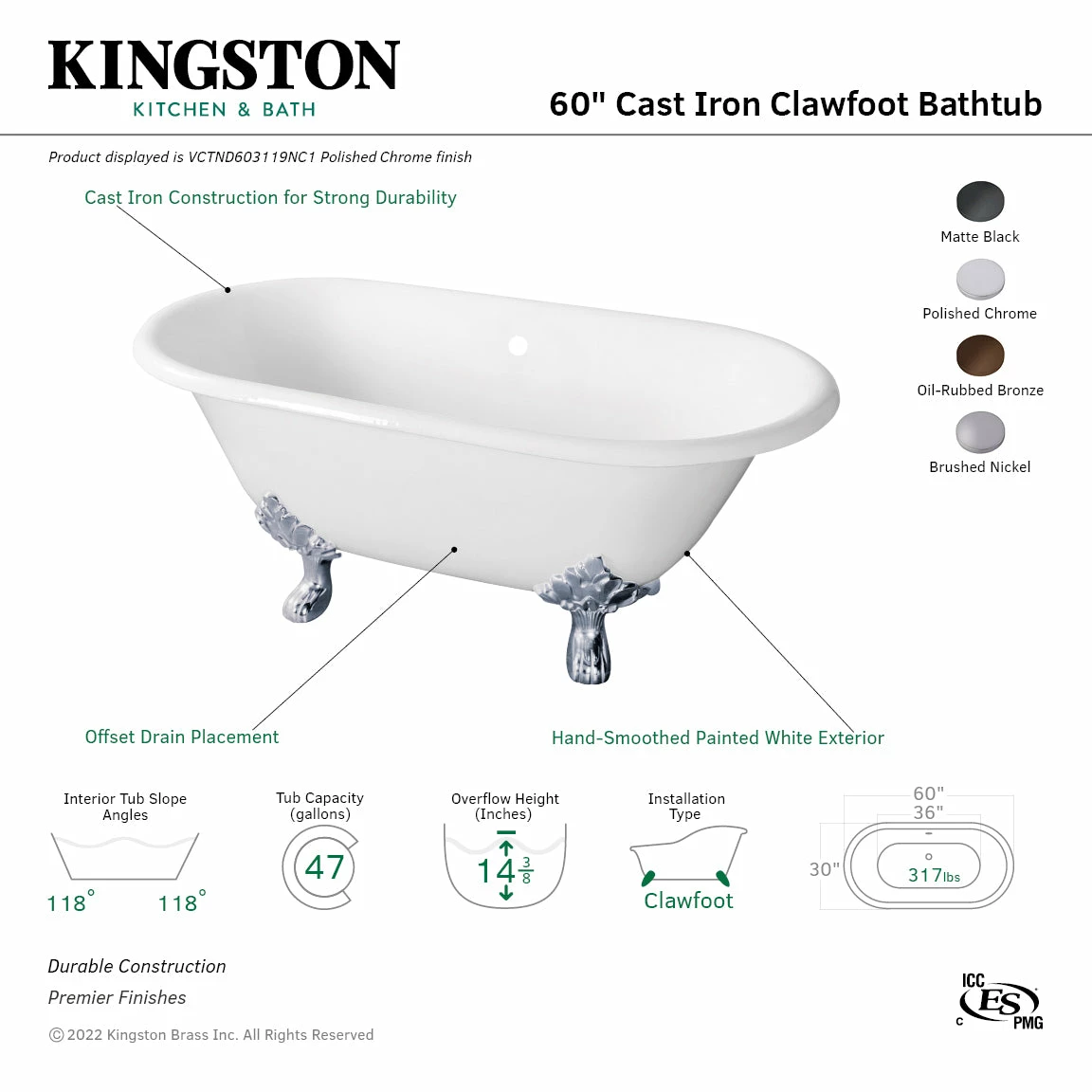 Aqua Eden VCTND603119NC1 60-Inch Cast Iron Double Ended Clawfoot Tub (No Faucet Drillings), White/Polished Chrome - Image 6