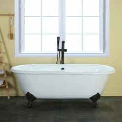 Aqua Eden VCTND663013NB0 66-Inch Cast Iron Double Ended Clawfoot Tub (No Faucet Drillings), White/Matte Black
