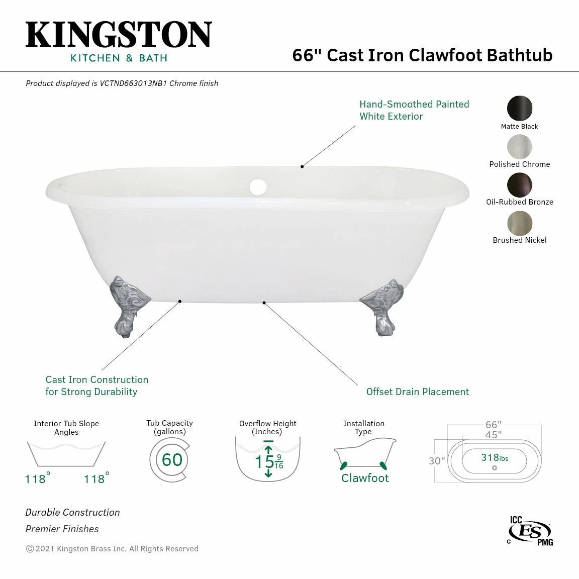 Aqua Eden VCTND663013NB8 66-Inch Cast Iron Double Ended Clawfoot Tub (No Faucet Drillings), White/Brushed Nickel - Image 8