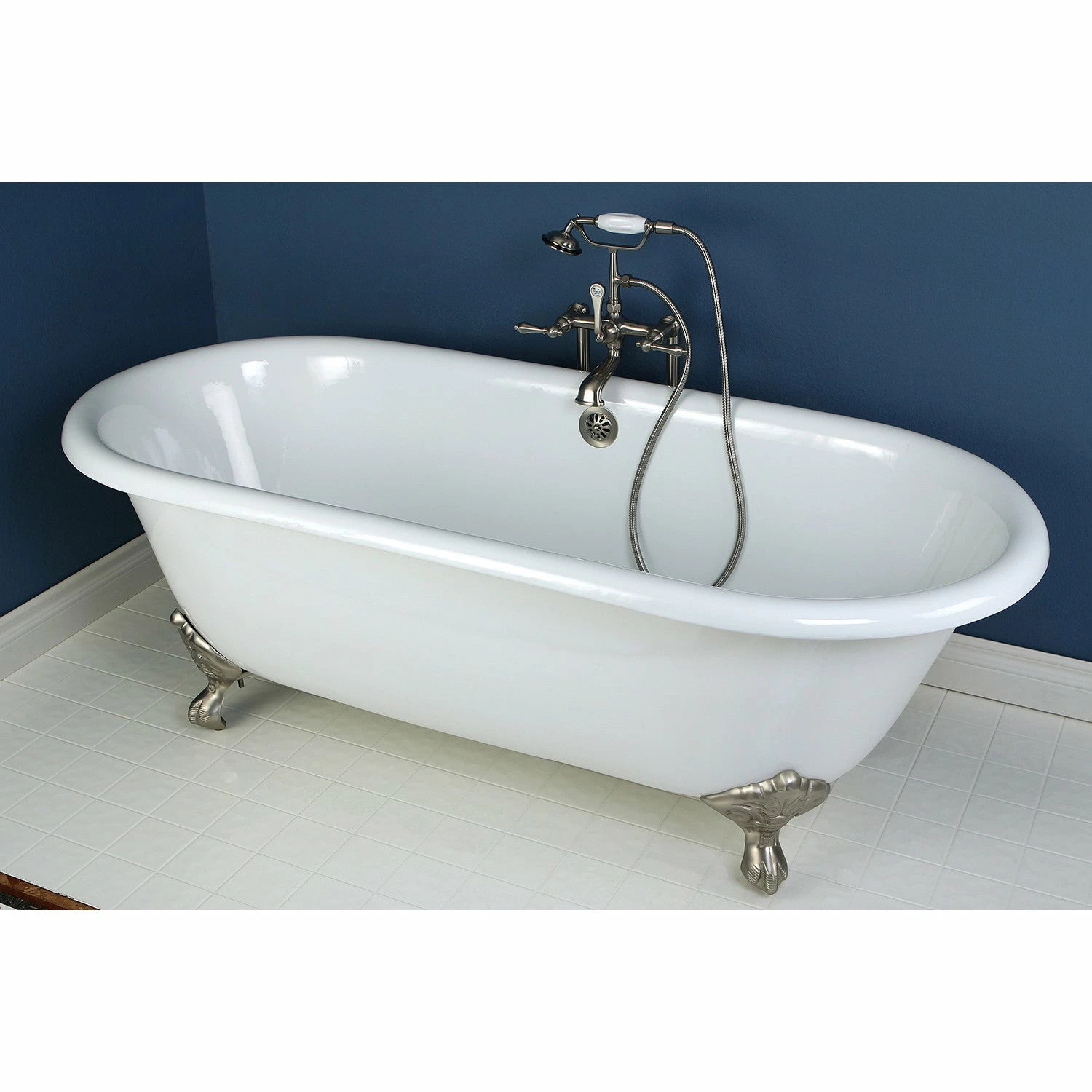 Aqua Eden VCTND663013NB8 66-Inch Cast Iron Double Ended Clawfoot Tub (No Faucet Drillings), White/Brushed Nickel - Image 2