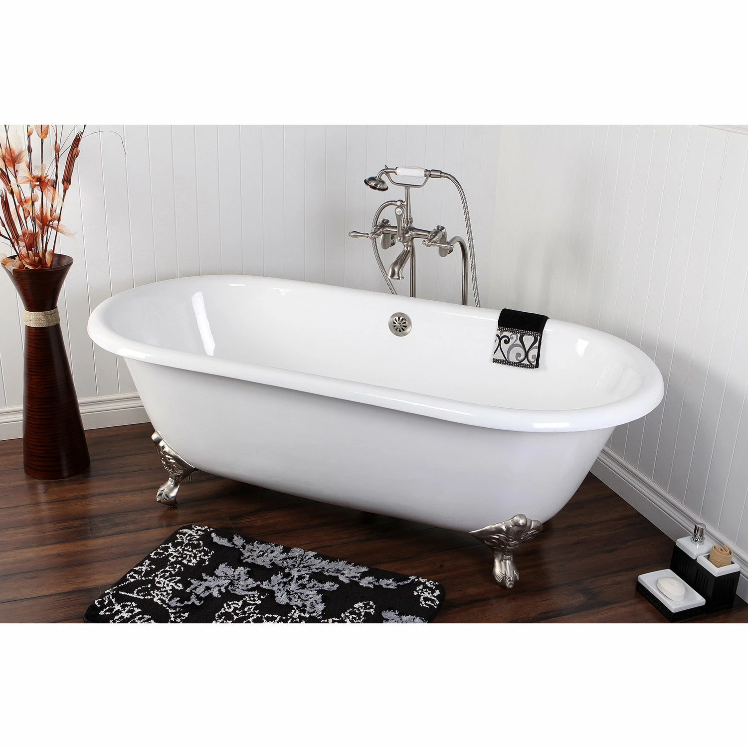 Aqua Eden VCTND663013NB8 66-Inch Cast Iron Double Ended Clawfoot Tub (No Faucet Drillings), White/Brushed Nickel - Image 4