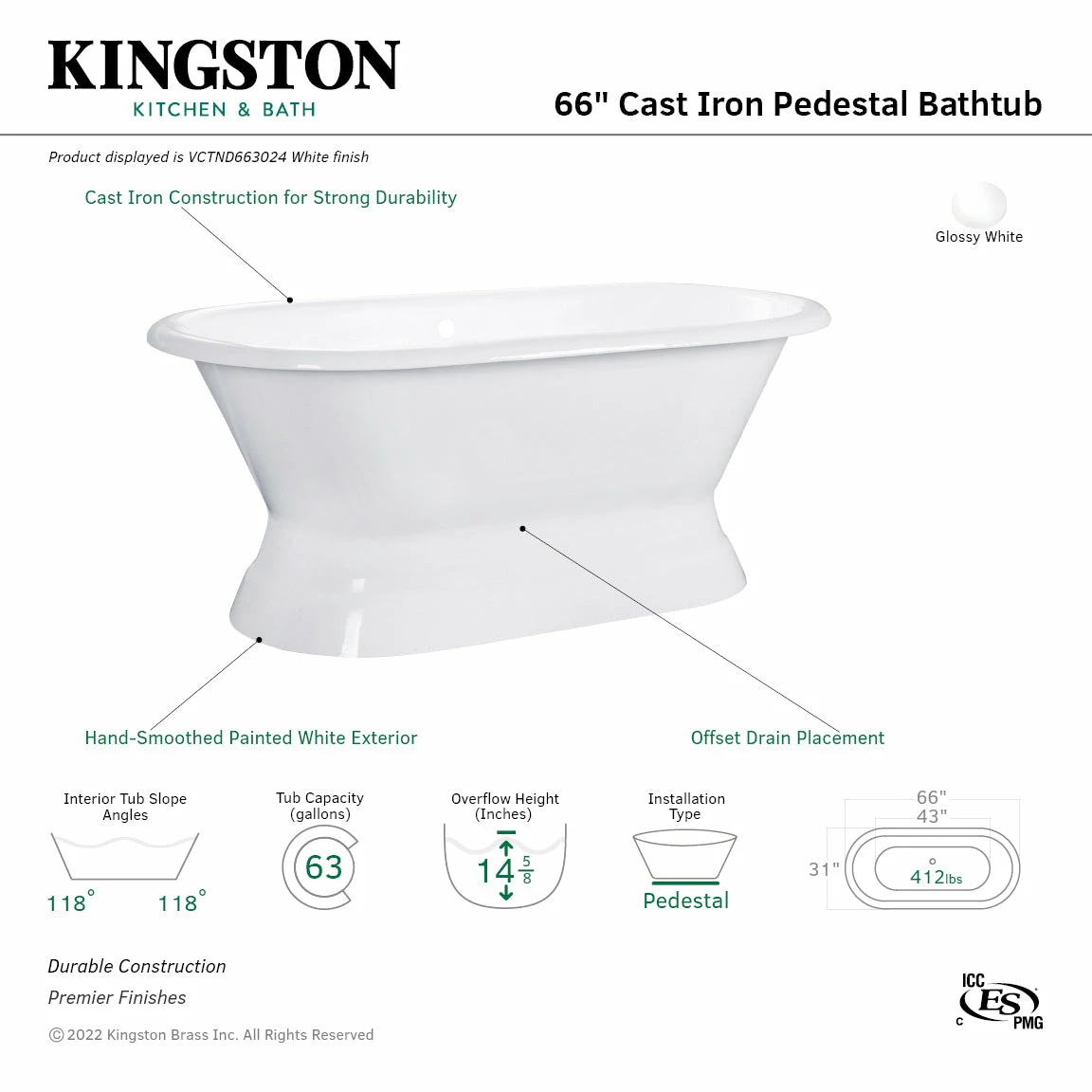 Aqua Eden VCTND663024 66-Inch Cast Iron Double Ended Pedestal Tub (No Faucet Drillings), White - Image 9