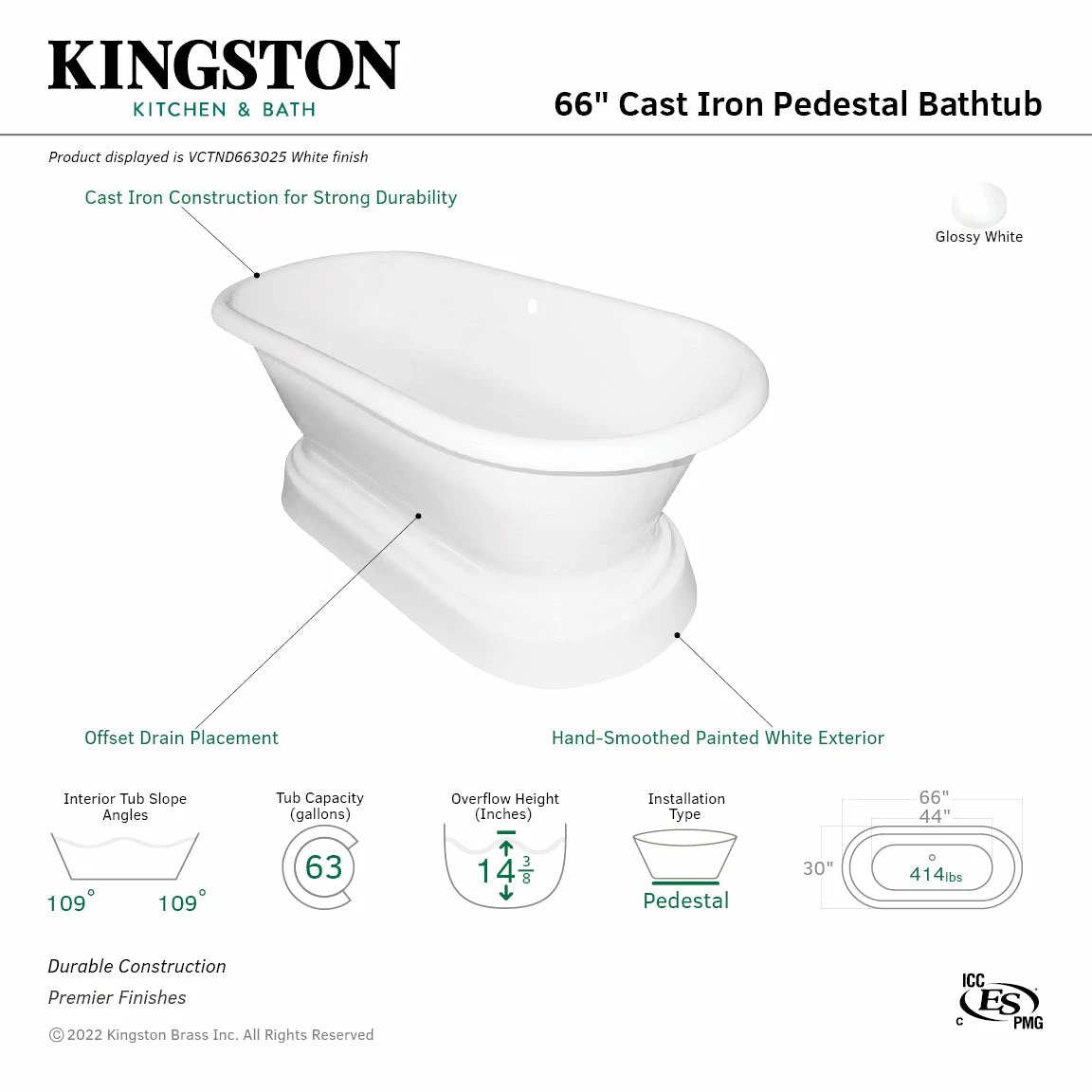 Aqua Eden VCTND663025 66-Inch Cast Iron Double Ended Pedestal Tub (No Faucet Drillings), White - Image 6