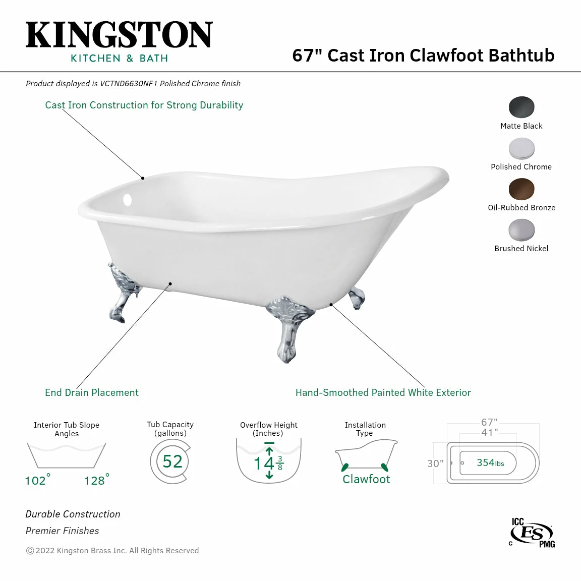 Aqua Eden VCTND6630NF1 67-Inch Cast Iron Single Slipper Clawfoot Tub (No Faucet Drillings), White/Polished Chrome - Image 8