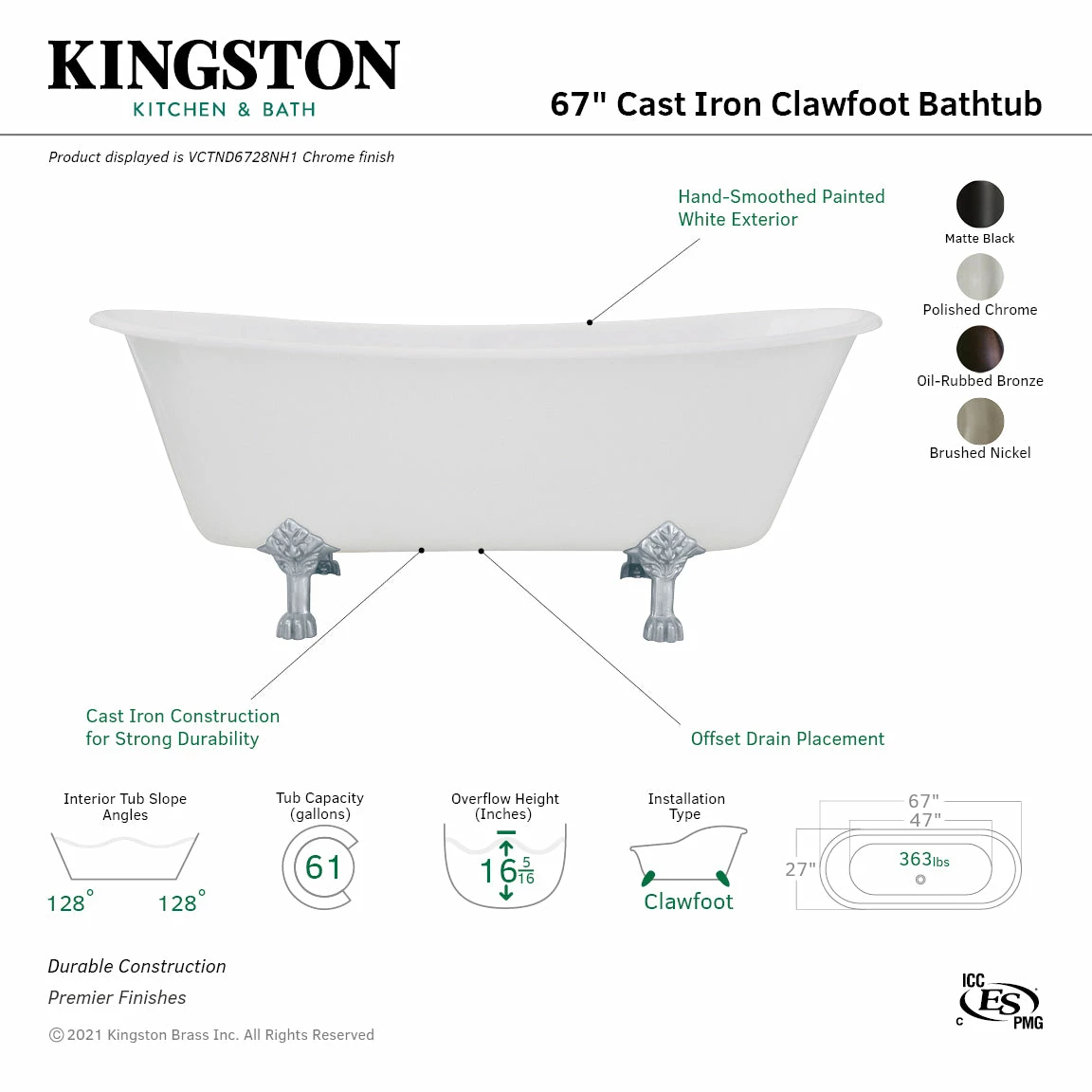 Aqua Eden VCTND6728NH5 67-Inch Cast Iron Double Slipper Clawfoot Tub (No Faucet Drillings), White/Oil Rubbed Bronze - Image 5