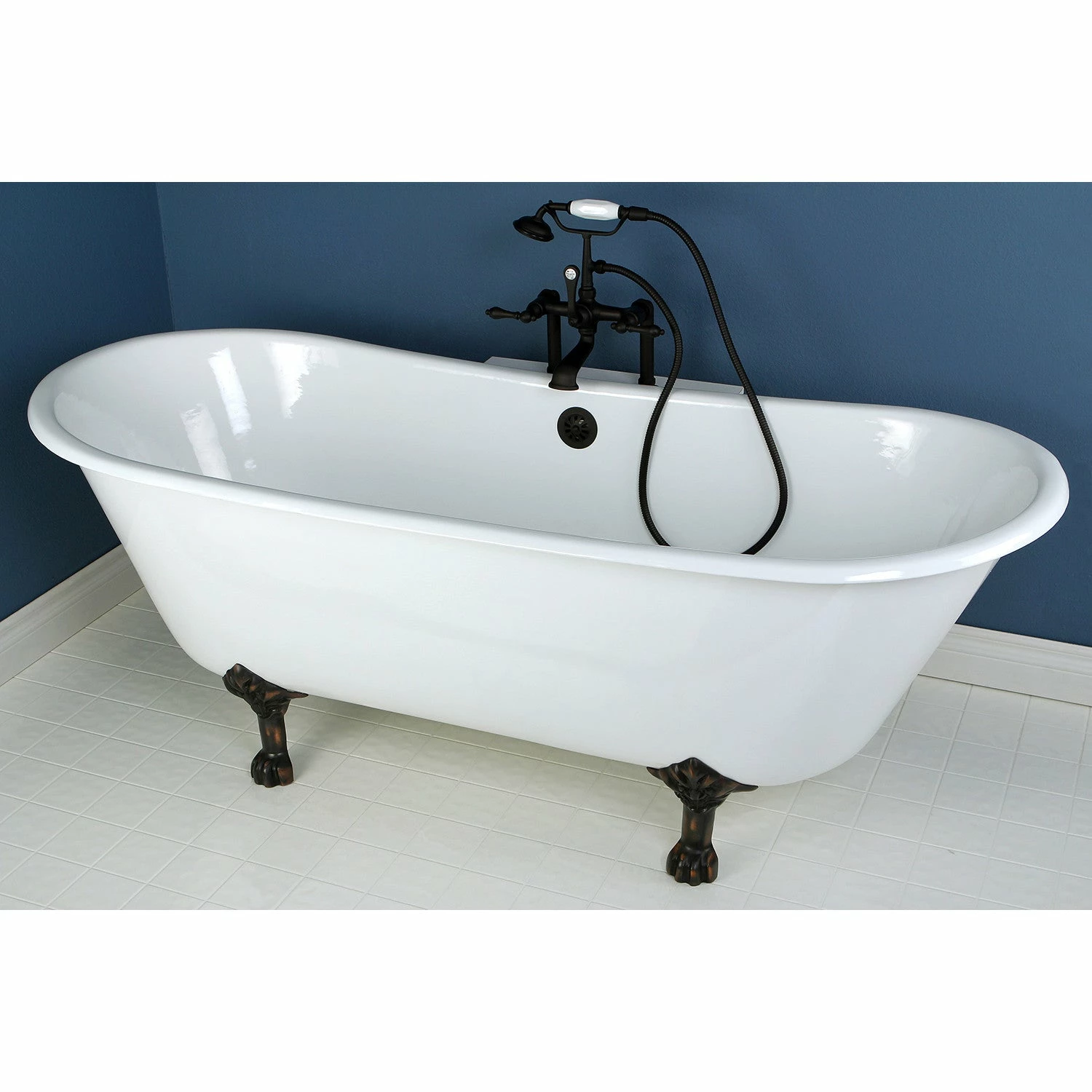 Aqua Eden VCTND6728NH5 67-Inch Cast Iron Double Slipper Clawfoot Tub (No Faucet Drillings), White/Oil Rubbed Bronze