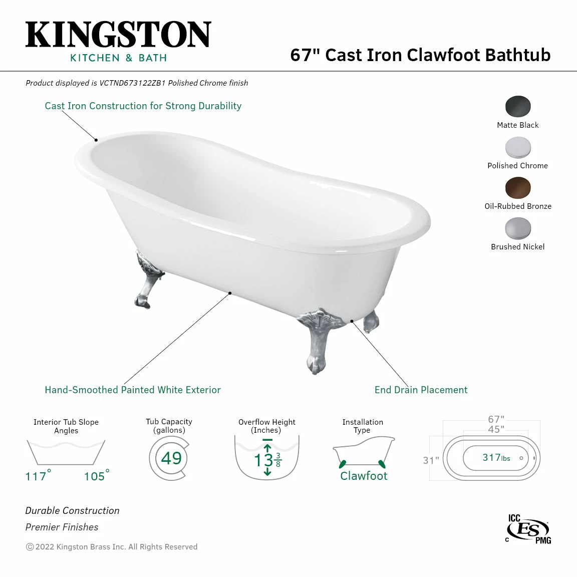 Aqua Eden VCTND673122ZB5 67-Inch Cast Iron Single Slipper Clawfoot Tub (No Faucet Drillings), White/Oil Rubbed Bronze - Image 3