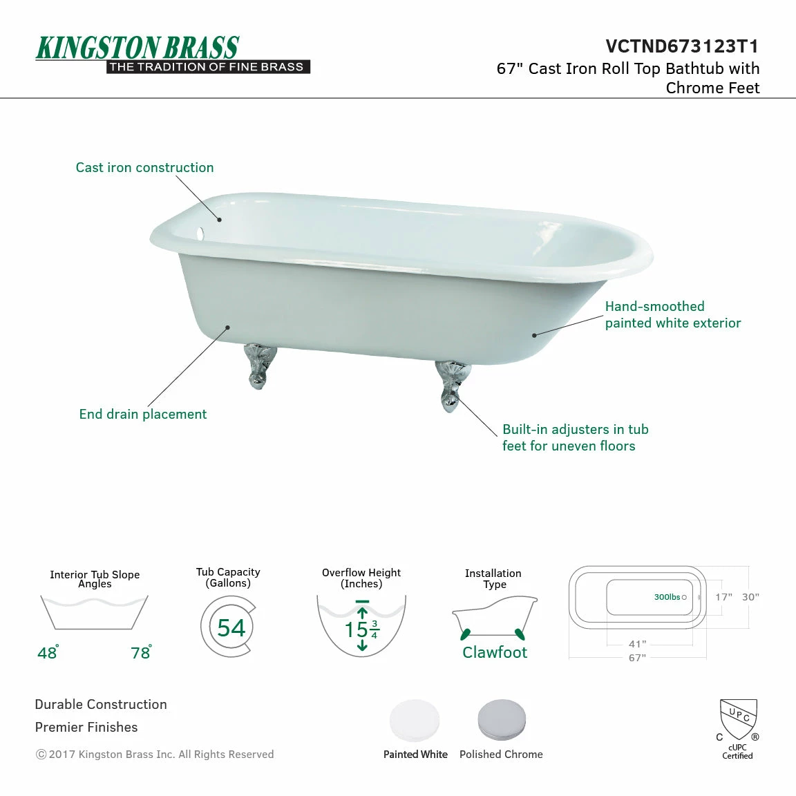 Aqua Eden VCTND673123T1 66-Inch Cast Iron Roll Top Clawfoot Tub (No Faucet Drillings), White/Polished Chrome - Image 4