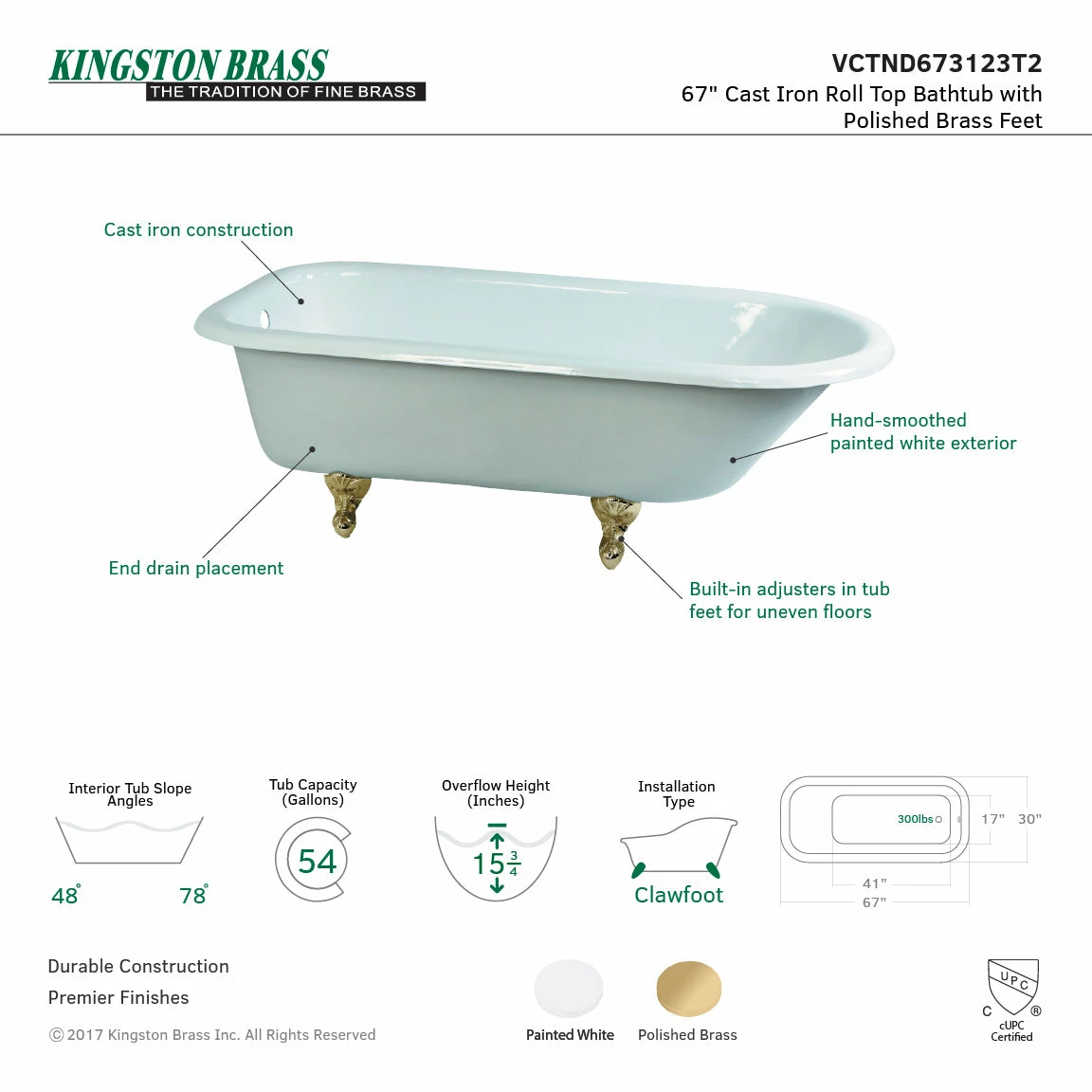 Aqua Eden VCTND673123T2 66-Inch Cast Iron Roll Top Clawfoot Tub (No Faucet Drillings), White/Polished Brass - Image 4
