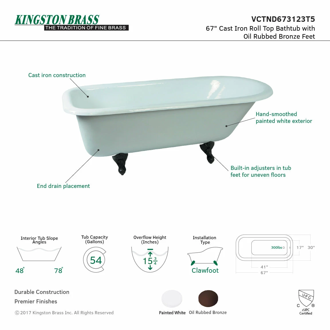 Aqua Eden VCTND673123T5 66-Inch Cast Iron Roll Top Clawfoot Tub (No Faucet Drillings), White/Oil Rubbed Bronze - Image 4