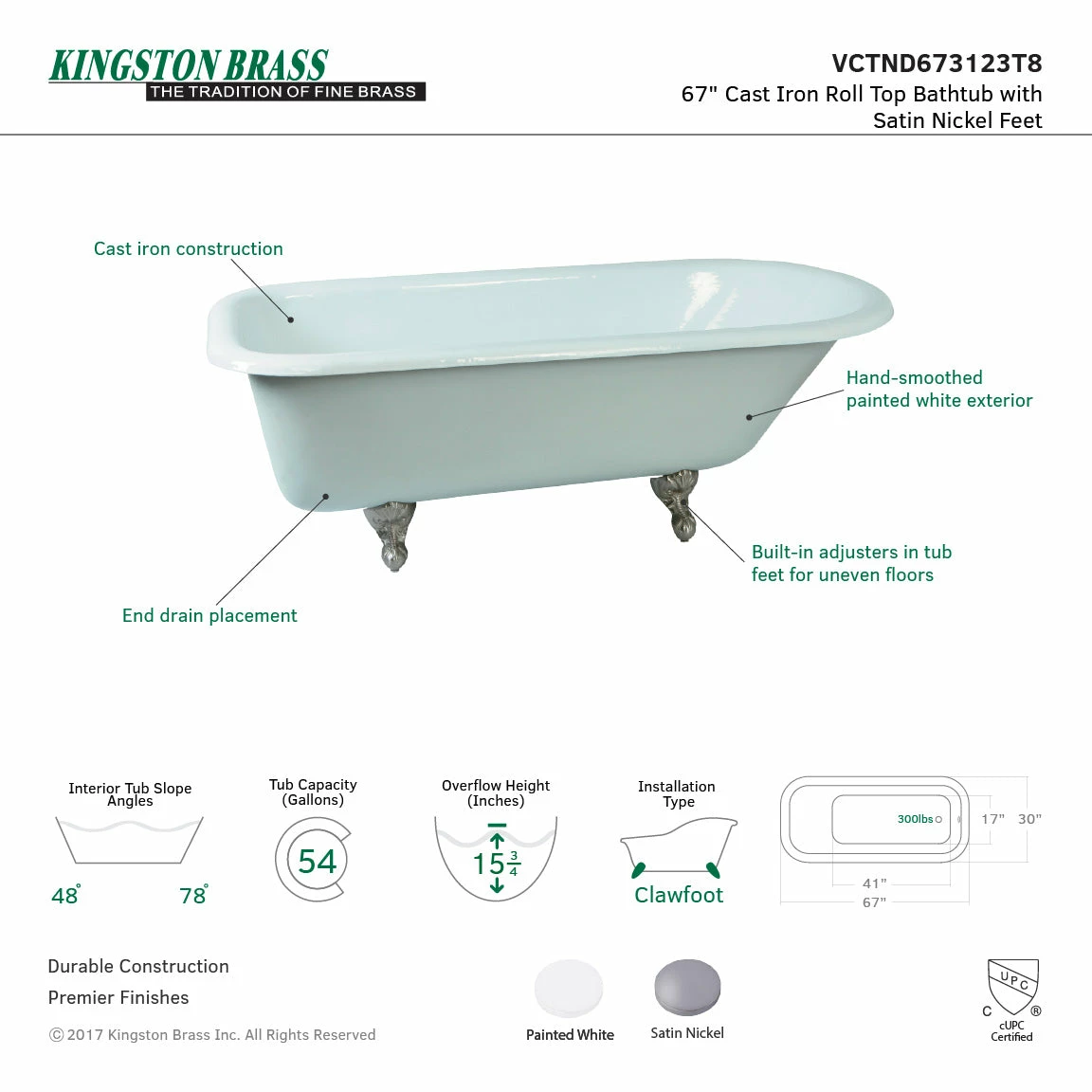 Aqua Eden VCTND673123T8 66-Inch Cast Iron Roll Top Clawfoot Tub (No Faucet Drillings), White/Brushed Nickel - Image 4