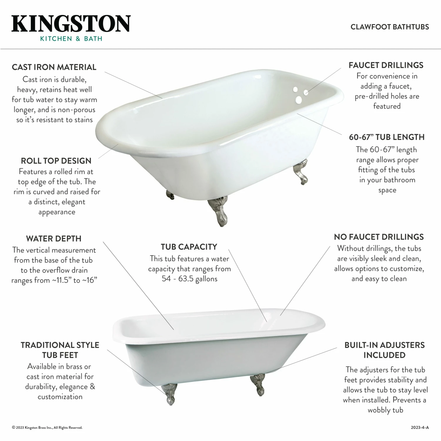 Aqua Eden VCTND673123T8 66-Inch Cast Iron Roll Top Clawfoot Tub (No Faucet Drillings), White/Brushed Nickel - Image 3
