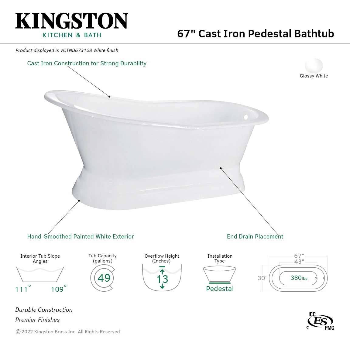 Aqua Eden VCTND673128 67-Inch Cast Iron Single Slipper Pedestal Tub (No Faucet Drillings), White - Image 6