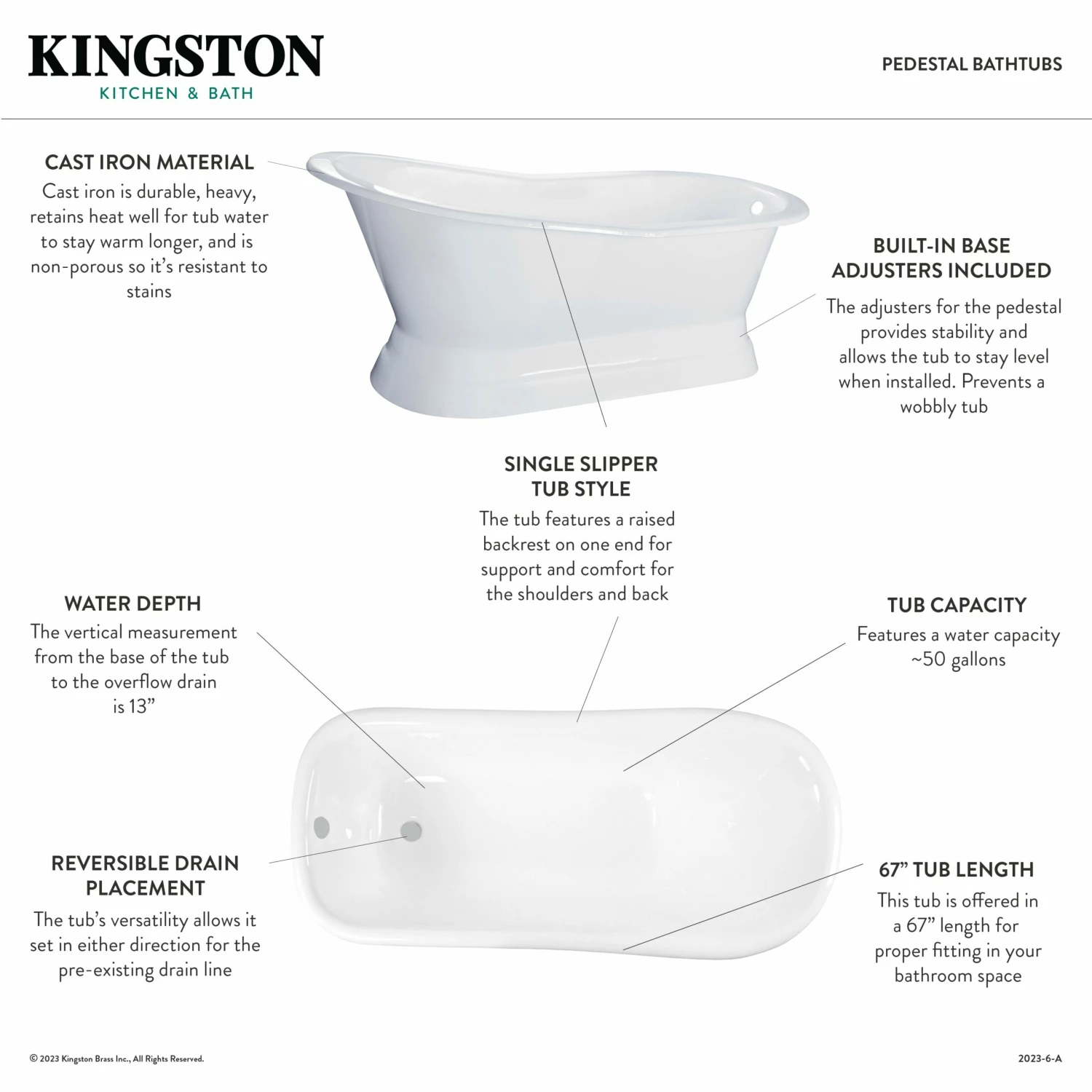 Aqua Eden VCTND673128 67-Inch Cast Iron Single Slipper Pedestal Tub (No Faucet Drillings), White - Image 5