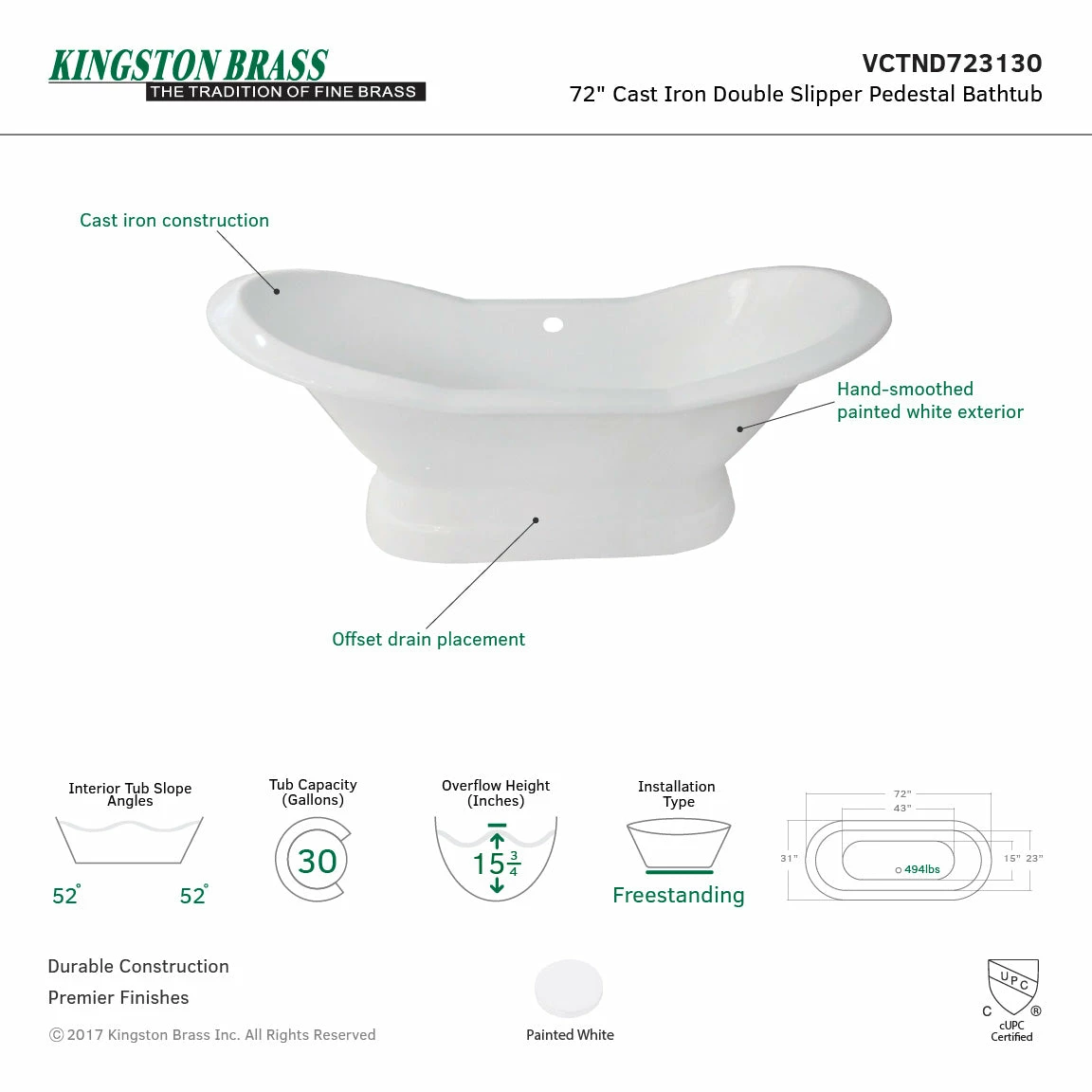 Aqua Eden VCTND723130 72-Inch Cast Iron Double Slipper Pedestal Tub (No Faucet Drillings), White - Image 4