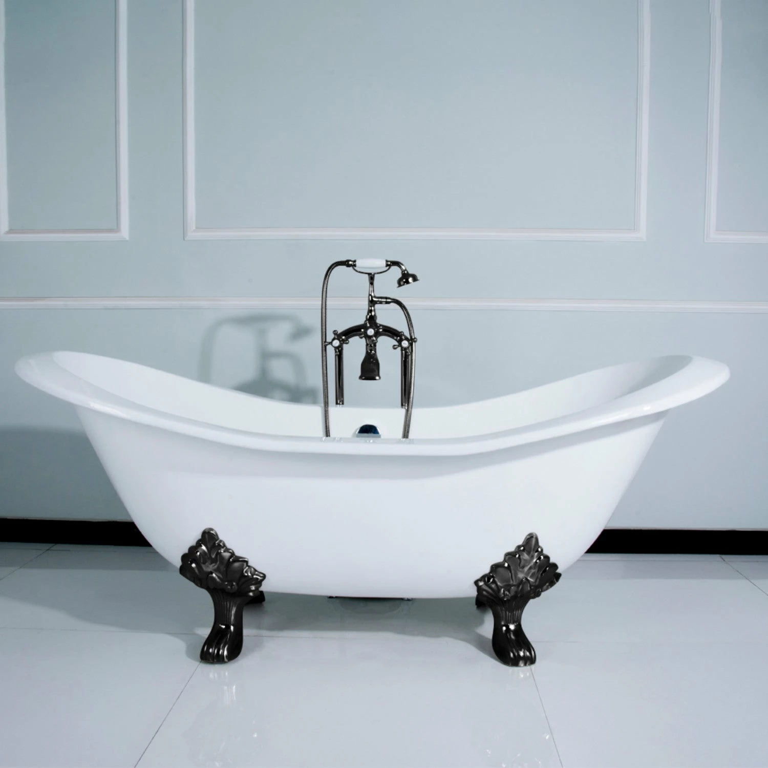 Aqua Eden VCTND7231NC0 72-Inch Cast Iron Double Slipper Clawfoot Tub (No Faucet Drillings), White/Matte Black