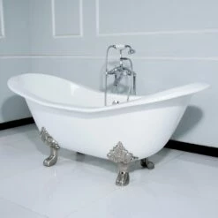 Aqua Eden VCTND7231NC1 72-Inch Cast Iron Double Slipper Clawfoot Tub (No Faucet Drillings), White/Polished Chrome