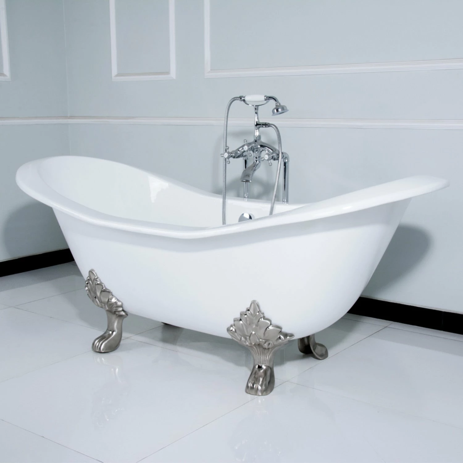 Aqua Eden VCTND7231NC1 72-Inch Cast Iron Double Slipper Clawfoot Tub (No Faucet Drillings), White/Polished Chrome
