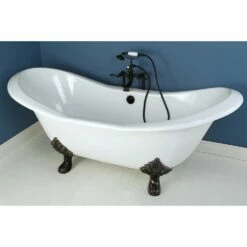 Aqua Eden VCTND7231NC5 72-Inch Cast Iron Double Slipper Clawfoot Tub (No Faucet Drillings), White/Oil Rubbed Bronze