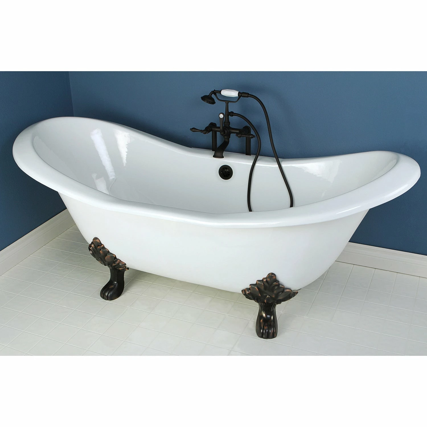 Aqua Eden VCTND7231NC5 72-Inch Cast Iron Double Slipper Clawfoot Tub (No Faucet Drillings), White/Oil Rubbed Bronze