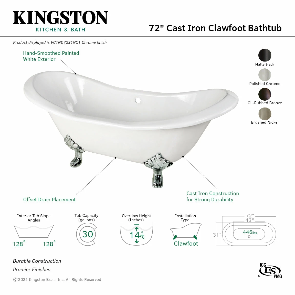 Aqua Eden VCTND7231NC8 72-Inch Cast Iron Double Slipper Clawfoot Tub (No Faucet Drillings), White/Brushed Nickel - Image 6