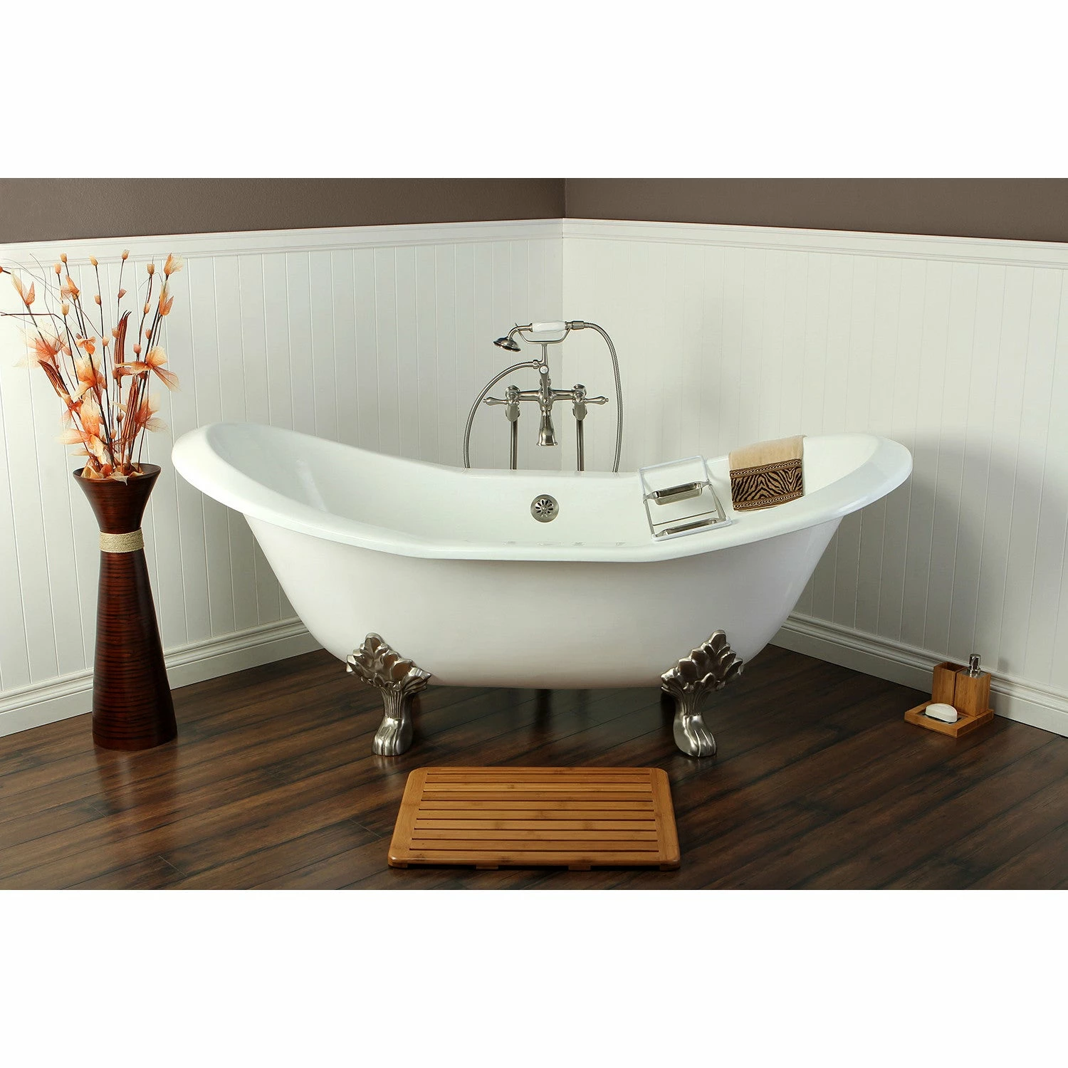Aqua Eden VCTND7231NC8 72-Inch Cast Iron Double Slipper Clawfoot Tub (No Faucet Drillings), White/Brushed Nickel
