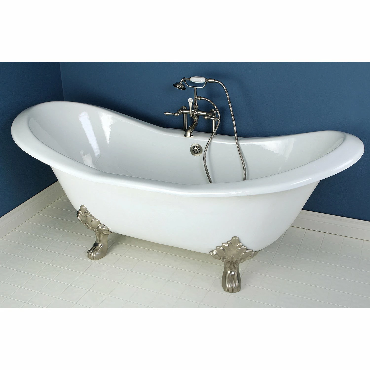 Aqua Eden VCTND7231NC8 72-Inch Cast Iron Double Slipper Clawfoot Tub (No Faucet Drillings), White/Brushed Nickel - Image 2