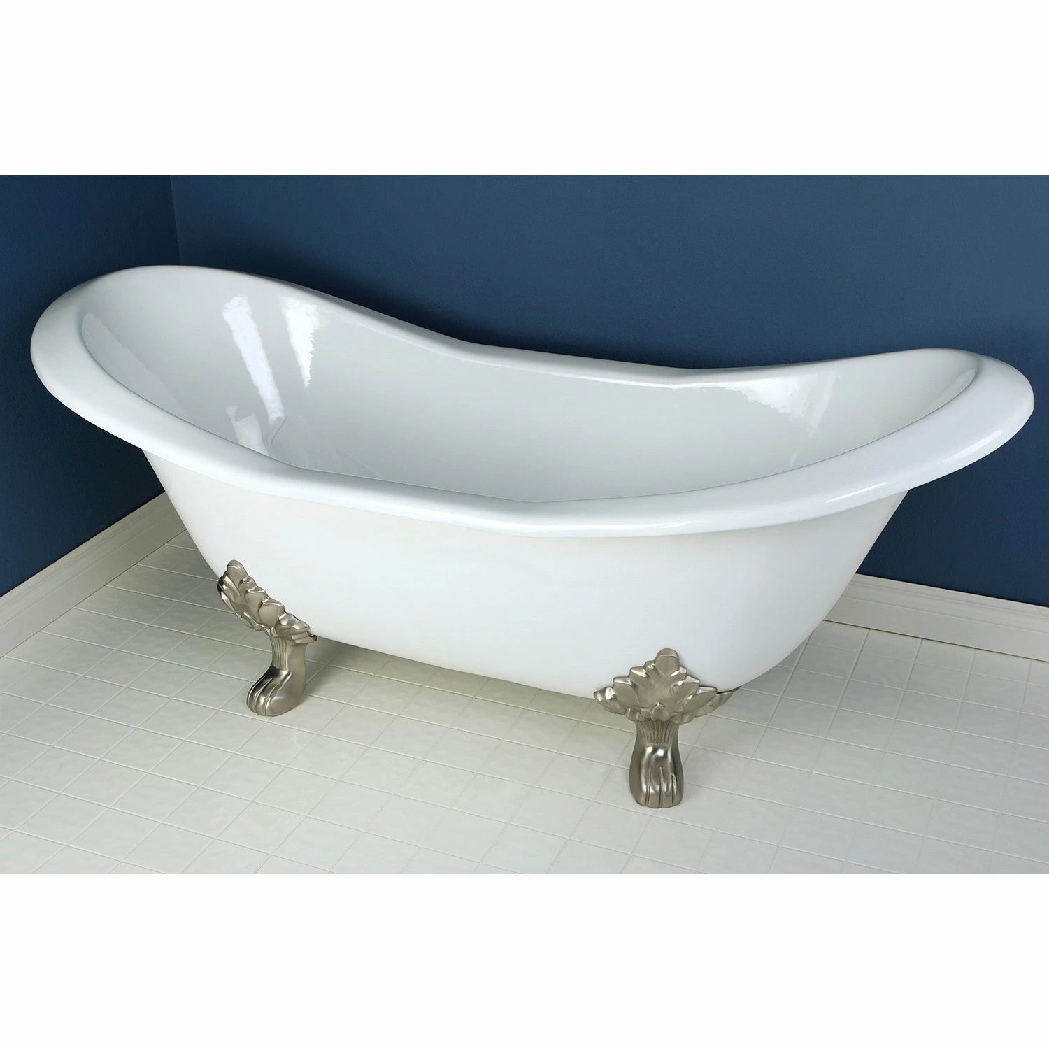 Aqua Eden VCTND7231NC8 72-Inch Cast Iron Double Slipper Clawfoot Tub (No Faucet Drillings), White/Brushed Nickel - Image 3