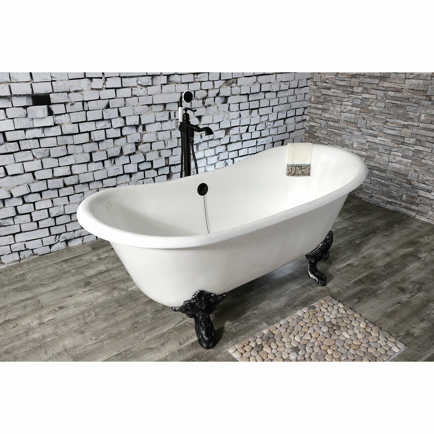 Aqua Eden VCTNDS6731NL0 67-Inch Cast Iron Double Slipper Clawfoot Tub (No Faucet Drillings), White/Matte Black