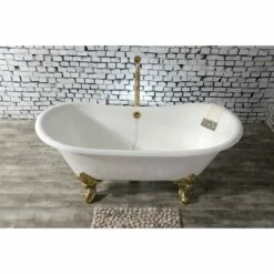 Aqua Eden VCTNDS6731NL2 67-Inch Cast Iron Double Slipper Clawfoot Tub (No Faucet Drillings), White/Polished Brass