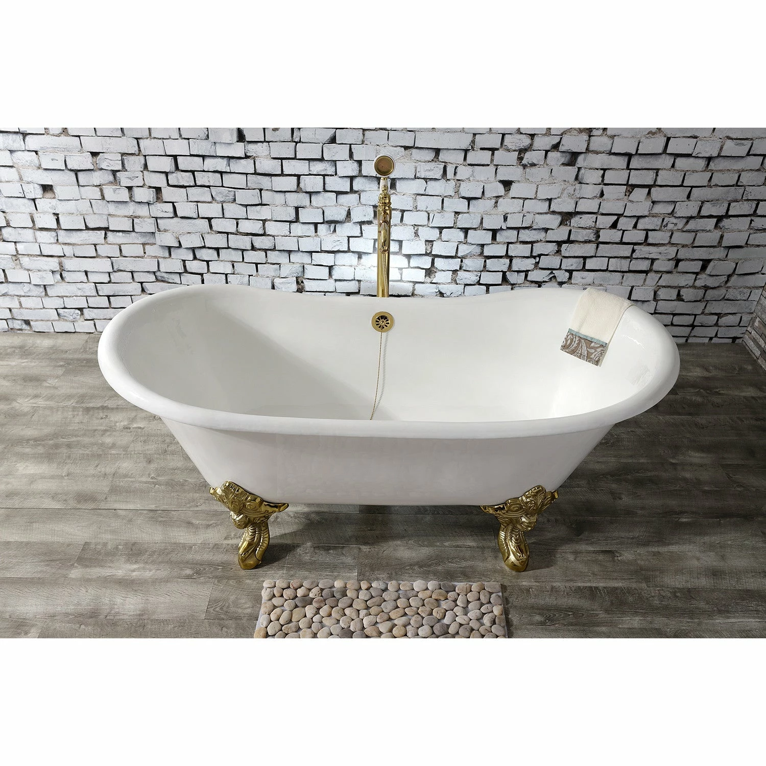 Aqua Eden VCTNDS6731NL2 67-Inch Cast Iron Double Slipper Clawfoot Tub (No Faucet Drillings), White/Polished Brass