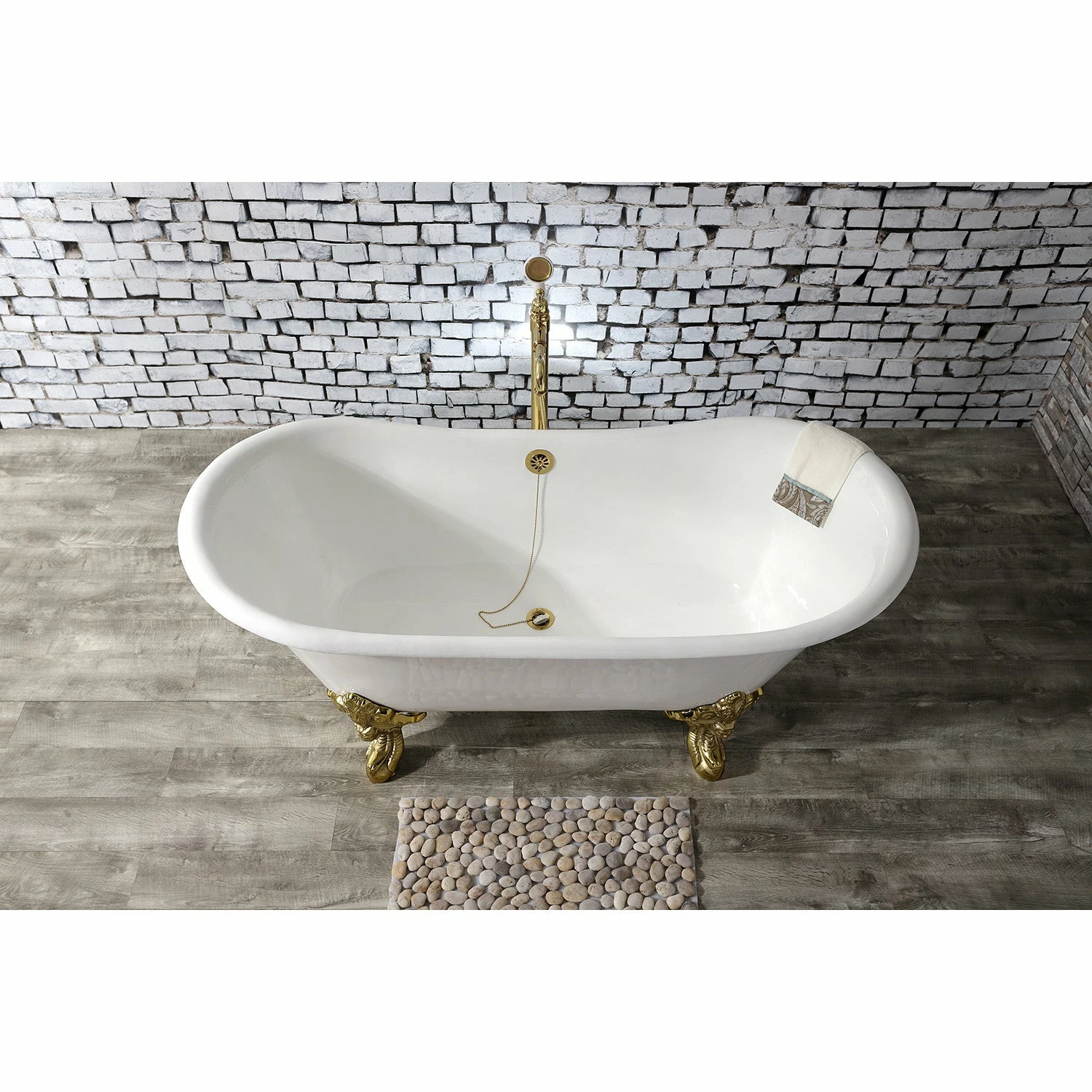 Aqua Eden VCTNDS6731NL2 67-Inch Cast Iron Double Slipper Clawfoot Tub (No Faucet Drillings), White/Polished Brass - Image 2