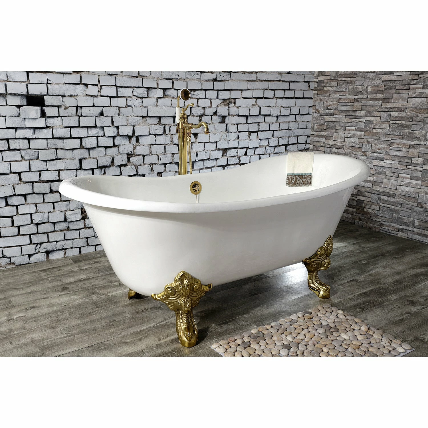 Aqua Eden VCTNDS6731NL2 67-Inch Cast Iron Double Slipper Clawfoot Tub (No Faucet Drillings), White/Polished Brass - Image 3