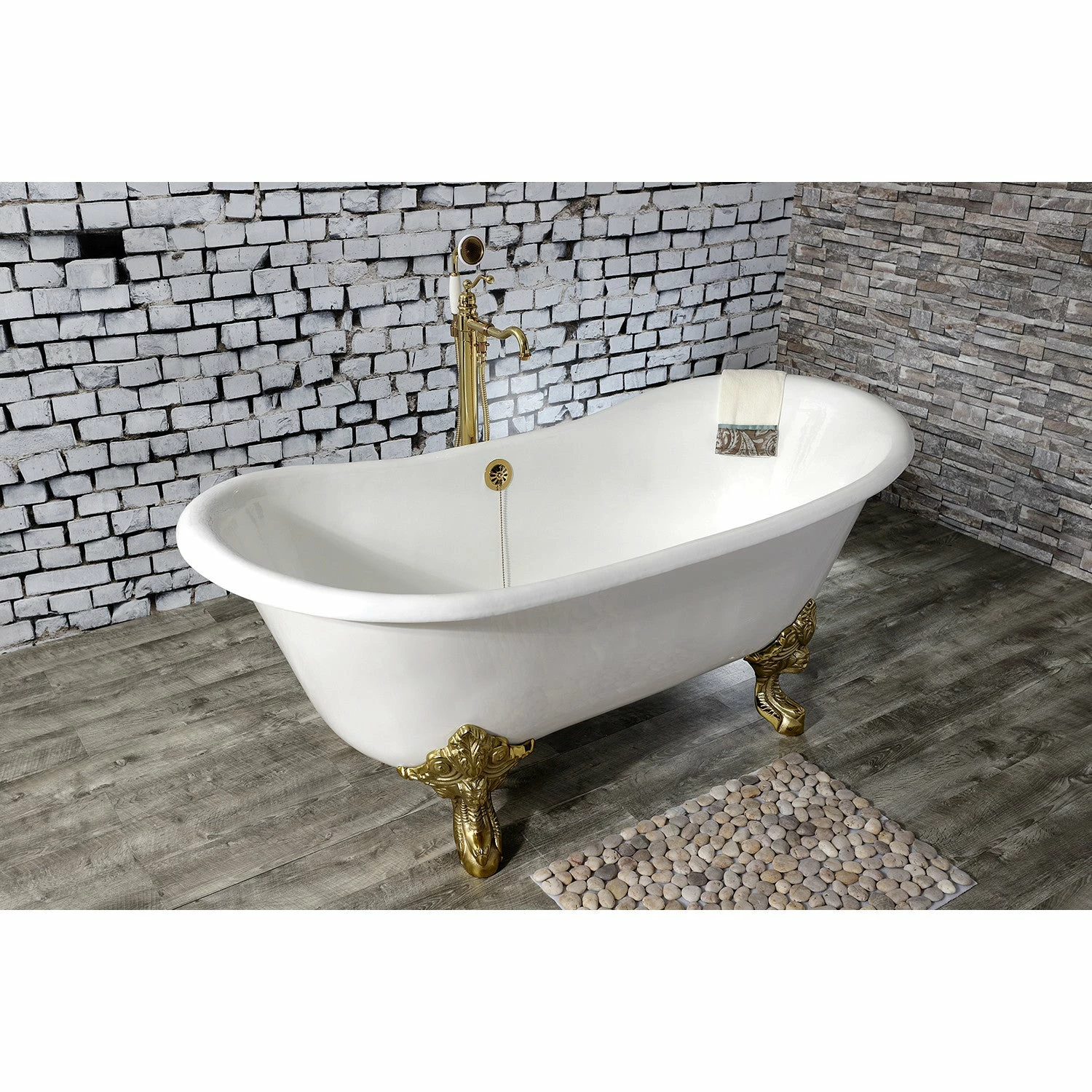 Aqua Eden VCTNDS6731NL2 67-Inch Cast Iron Double Slipper Clawfoot Tub (No Faucet Drillings), White/Polished Brass - Image 4